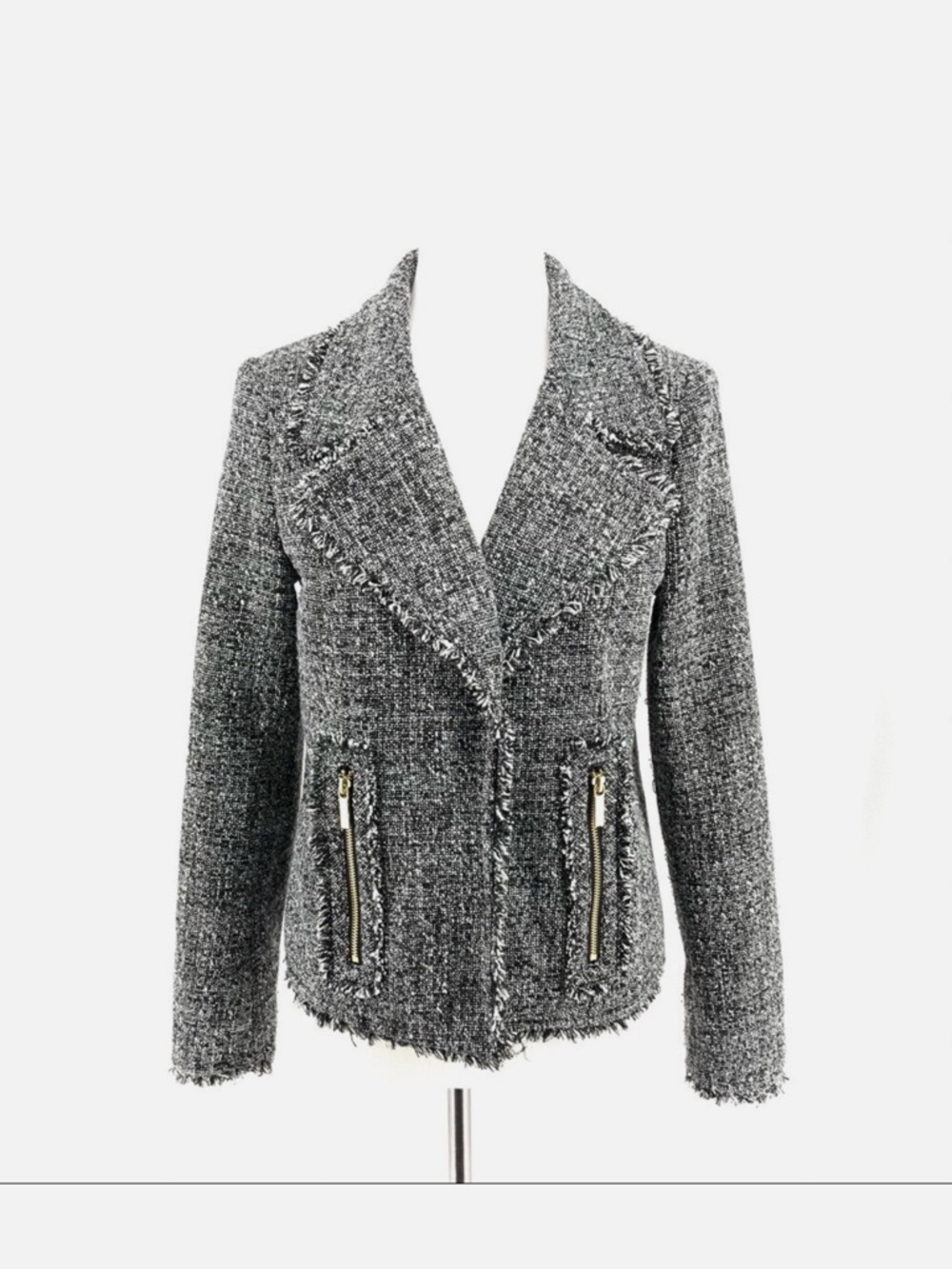 Michael Kors Black White Frayed Tweed Open-Front Blazer Jacket 2 NWOT